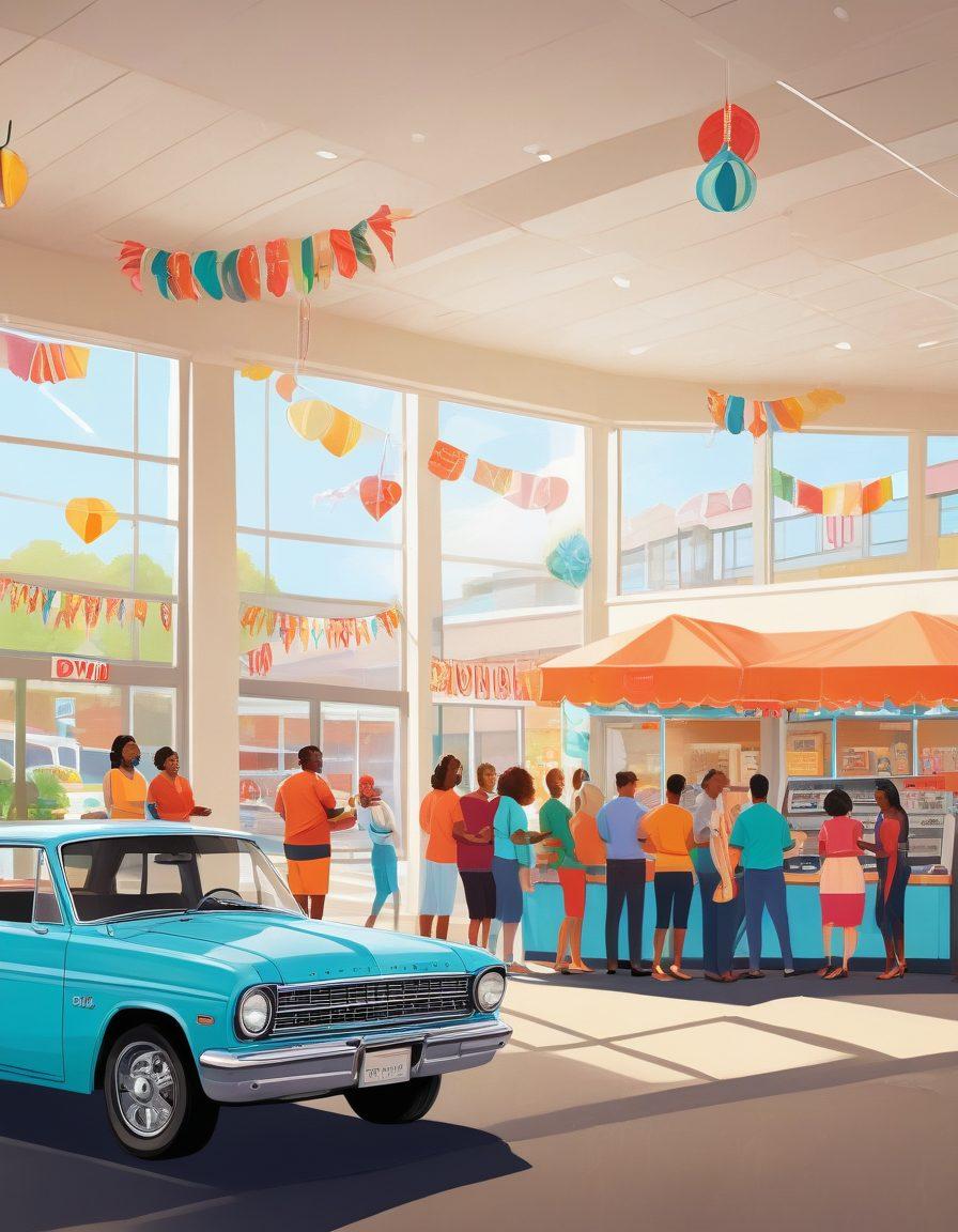 A vibrant illustration of a cheerful DMV scene in Virginia, featuring diverse people smiling while receiving vehicle services. Include colorful cars, welcoming staff behind a service counter, and cheerful decorations symbolizing Virginia’s culture. Sunshine pouring in through large windows to evoke a sense of joy and ease. Bright, inviting colors to enhance the positive atmosphere. cartoon style. vibrant colors.