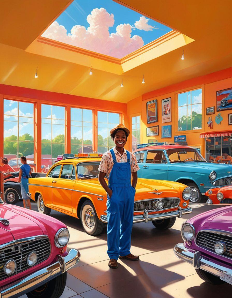 A vibrant scene depicting a cheerful mechanic in a colorful auto shop, surrounded by happy customers getting their vehicles serviced with smiles on their faces. The background features whimsical car designs with playful elements, like cartoonish clouds and sunbeams shining down. Include bright, inviting colors to evoke a sense of joy and positivity associated with DMV transactions. super-realistic. vibrant colors. playful style.