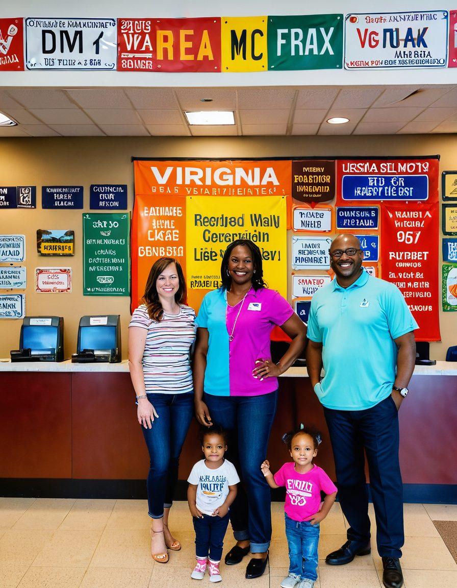 A joyful family visiting the DMV in Virginia, featuring a vibrant waiting area with colorful banners celebrating Virginia's culture. Include a friendly staff member assisting the family with their registration, and a display of various license plates inspired by the state's landmarks. The scene conveys a sense of community and ease, with soft, welcoming lighting. super-realistic. vibrant colors. bright and cheerful atmosphere.